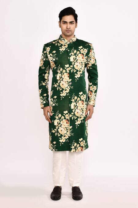 Shop_Arihant Rai Sinha_Green Silk Floral Printed Dark Sherwani _Online_at_Aza_Fashions
