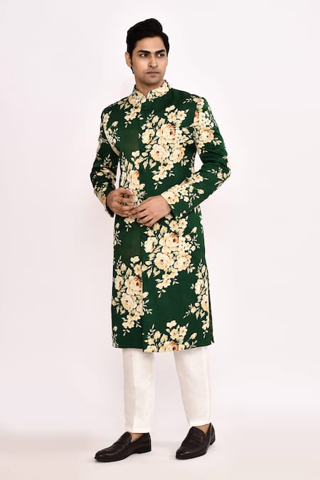 Arihant Rai Sinha_Green Silk Floral Printed Dark Sherwani _at_Aza_Fashions