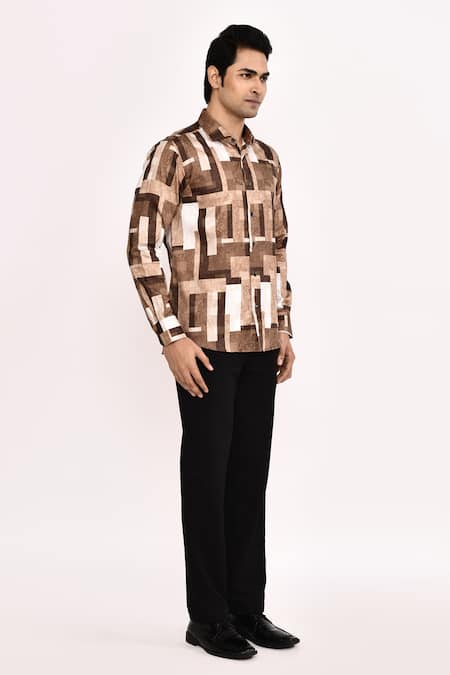 Arihant Rai Sinha_Brown Cotton Geometric Print Casual Shirt _Online_at_Aza_Fashions
