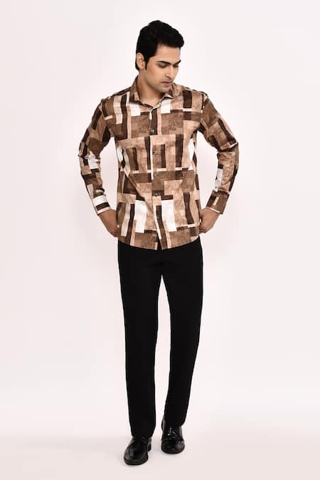 Buy_Arihant Rai Sinha_Brown Cotton Geometric Print Casual Shirt _Online_at_Aza_Fashions