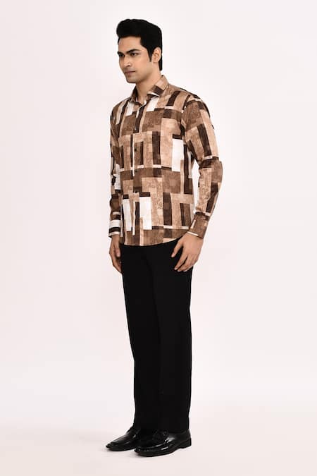Shop_Arihant Rai Sinha_Brown Cotton Geometric Print Casual Shirt _Online_at_Aza_Fashions