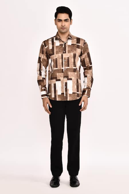 Arihant Rai Sinha_Brown Cotton Geometric Print Casual Shirt _at_Aza_Fashions