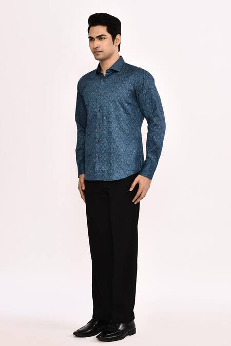 Aryavir Malhotra_Blue Cotton Printed Casual Shirt _Online_at_Aza_Fashions