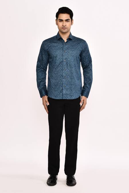Buy_Aryavir Malhotra_Blue Cotton Printed Casual Shirt _Online_at_Aza_Fashions