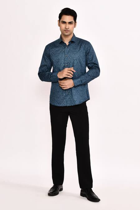 Shop_Aryavir Malhotra_Blue Cotton Printed Casual Shirt _Online_at_Aza_Fashions