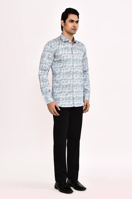 Buy_Aryavir Malhotra_Sky Blue Cotton Printed Casual Shirt _Online_at_Aza_Fashions
