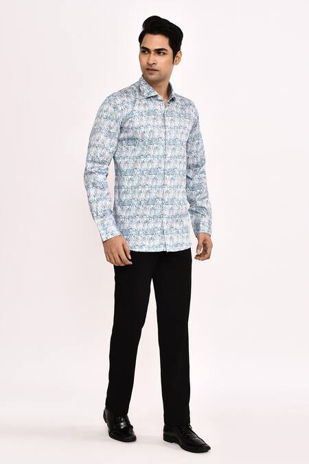 Shop_Aryavir Malhotra_Sky Blue Cotton Printed Casual Shirt _Online_at_Aza_Fashions