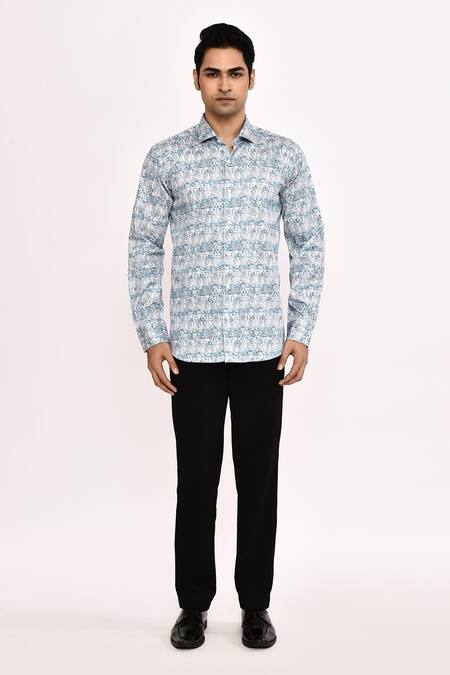 Aryavir Malhotra_Sky Blue Cotton Printed Casual Shirt _at_Aza_Fashions