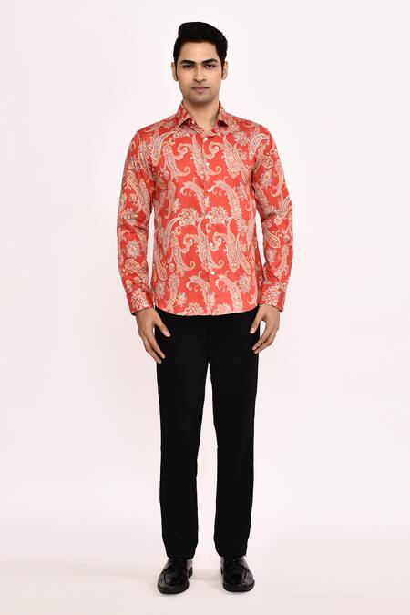 Buy_Arihant Rai Sinha_Orange Cotton Printed Casual Shirt _Online_at_Aza_Fashions