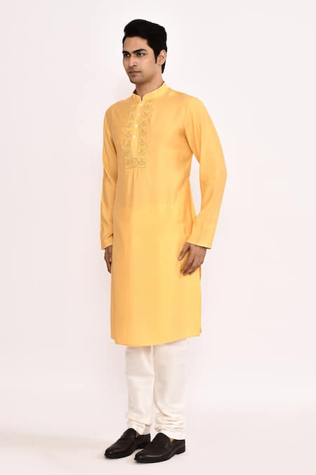 Arihant Rai Sinha_Yellow Silk Embroidery Blend Long Kurta _Online_at_Aza_Fashions