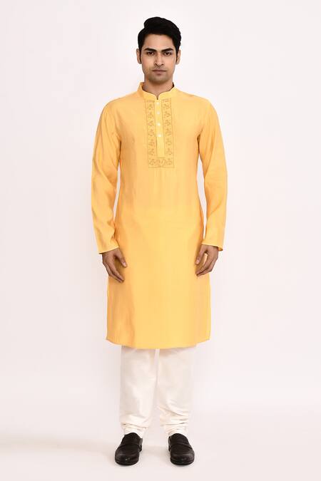 Buy_Arihant Rai Sinha_Yellow Silk Embroidery Blend Long Kurta _Online_at_Aza_Fashions