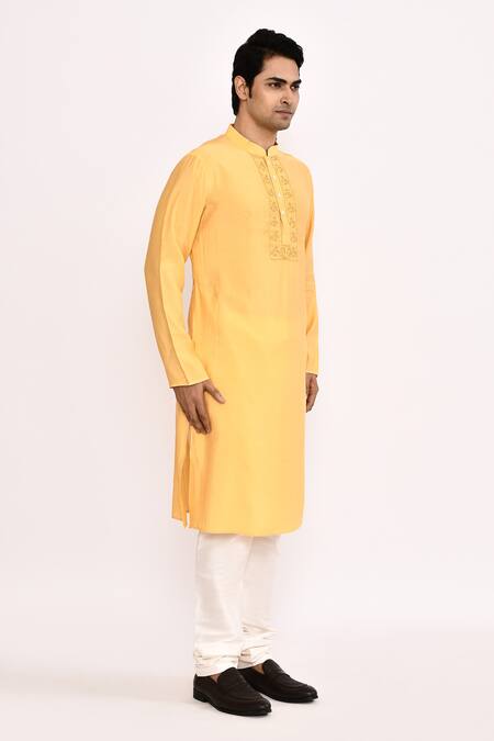 Shop_Arihant Rai Sinha_Yellow Silk Embroidery Blend Long Kurta _Online_at_Aza_Fashions