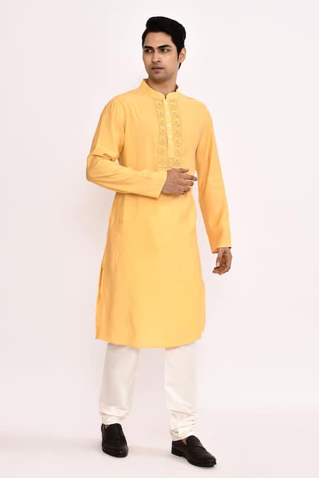 Arihant Rai Sinha_Yellow Silk Embroidery Blend Long Kurta _at_Aza_Fashions