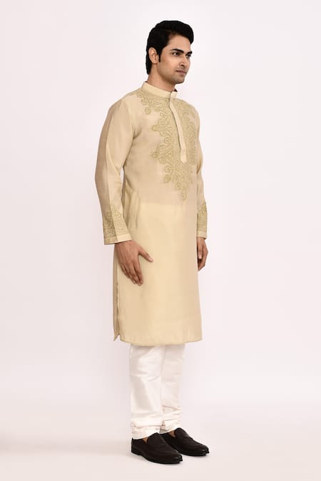 Arihant Rai Sinha_Beige Cotton Embroidery Classic Long Kurta _Online_at_Aza_Fashions