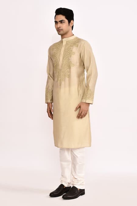 Buy_Arihant Rai Sinha_Beige Cotton Embroidery Classic Long Kurta _Online_at_Aza_Fashions