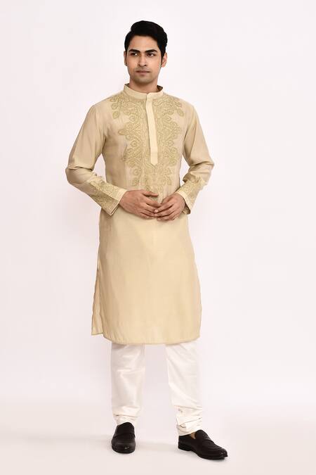 Shop_Arihant Rai Sinha_Beige Cotton Embroidery Classic Long Kurta _Online_at_Aza_Fashions