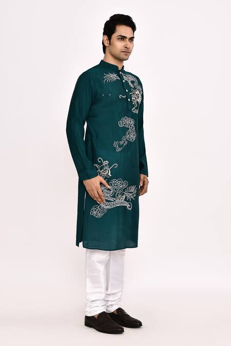 Arihant Rai Sinha_Teal Cotton Embroidery Long Classic Kurta _Online_at_Aza_Fashions
