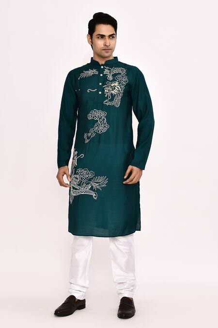 Arihant Rai Sinha_Teal Cotton Embroidery Long Classic Kurta _at_Aza_Fashions