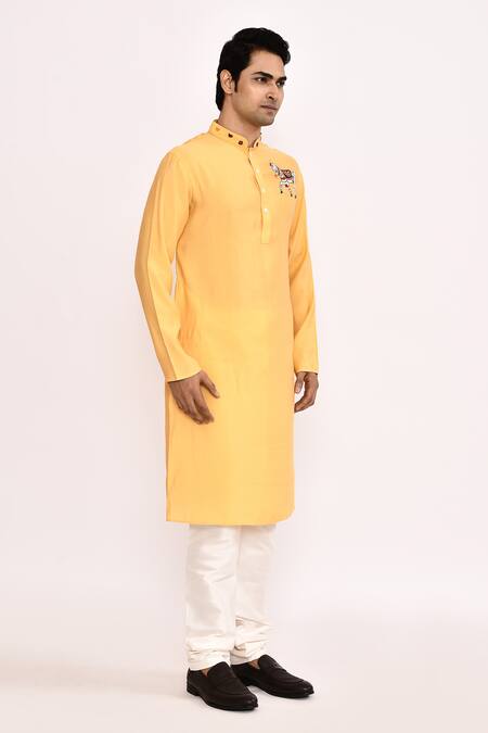 Arihant Rai Sinha_Yellow Cotton Embroidery Classic Long Kurta _Online_at_Aza_Fashions