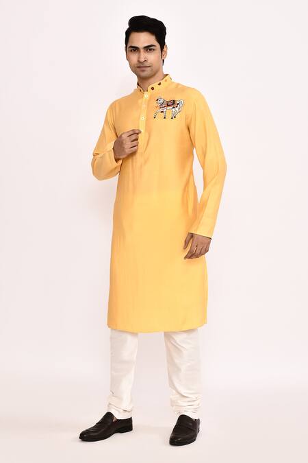 Buy_Arihant Rai Sinha_Yellow Cotton Embroidery Classic Long Kurta _Online_at_Aza_Fashions
