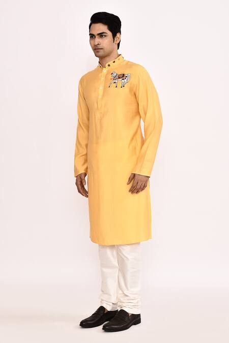 Shop_Arihant Rai Sinha_Yellow Cotton Embroidery Classic Long Kurta _Online_at_Aza_Fashions
