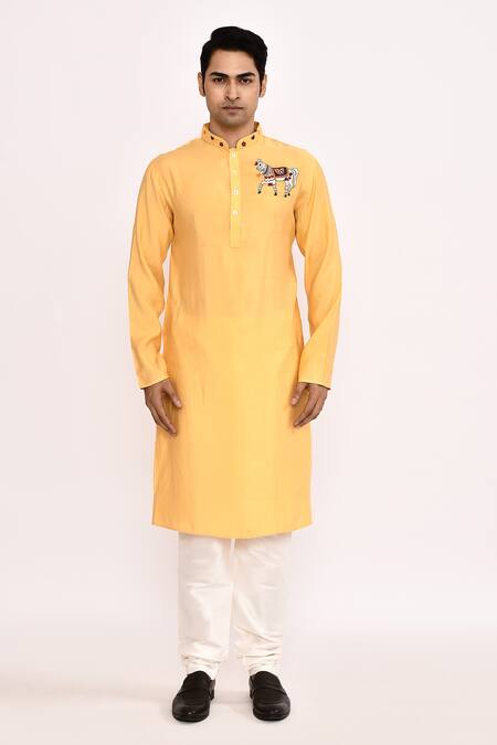 Arihant Rai Sinha_Yellow Cotton Embroidery Classic Long Kurta _at_Aza_Fashions