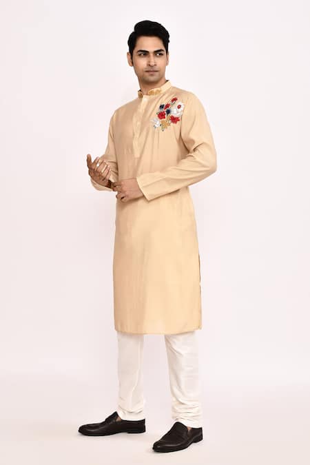 Arihant Rai Sinha_Beige Cotton Embroidery Long Kurta _Online_at_Aza_Fashions