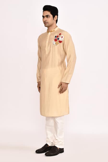 Shop_Arihant Rai Sinha_Beige Cotton Embroidery Long Kurta _Online_at_Aza_Fashions
