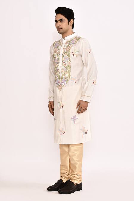 Shop_Arihant Rai Sinha_Off White Silk Embroidery Long Kurta _Online_at_Aza_Fashions