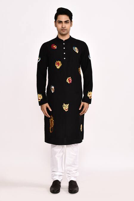 Buy_Arihant Rai Sinha_Black Cotton Embroidery Classic Long Kurta _Online_at_Aza_Fashions