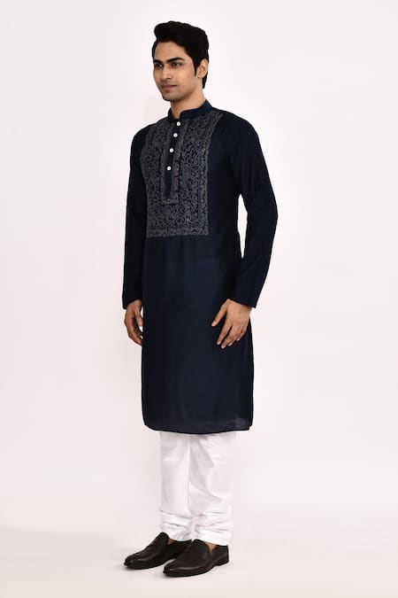 Arihant Rai Sinha_Blue Silk Embroidery Classic Long Kurta _Online_at_Aza_Fashions