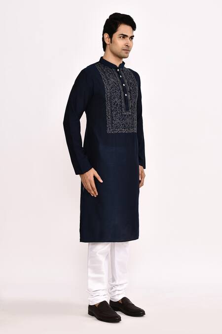 Buy_Arihant Rai Sinha_Blue Silk Embroidery Classic Long Kurta _Online_at_Aza_Fashions