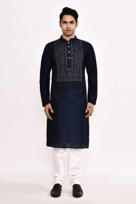 Shop_Arihant Rai Sinha_Blue Silk Embroidery Classic Long Kurta _Online_at_Aza_Fashions