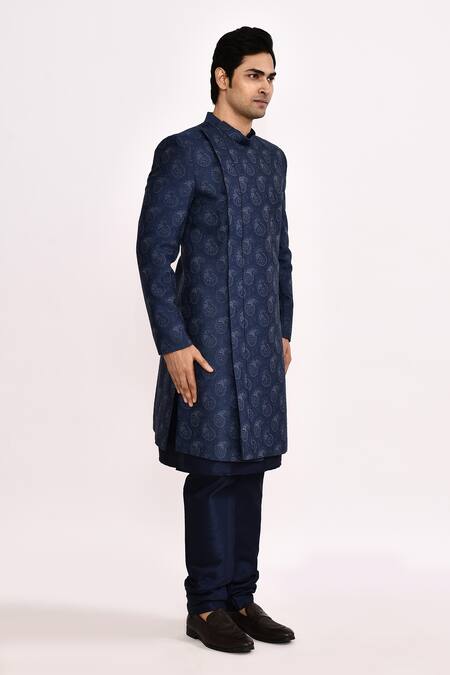 Arihant Rai Sinha_Blue Silk Embroidery Blend Sherwani _Online_at_Aza_Fashions