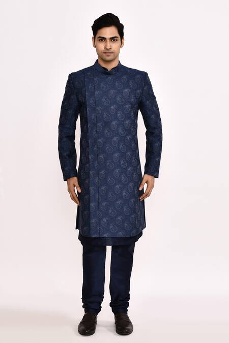 Shop_Arihant Rai Sinha_Blue Silk Embroidery Blend Sherwani _Online_at_Aza_Fashions