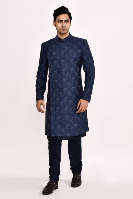 Arihant Rai Sinha_Blue Silk Embroidery Blend Sherwani _at_Aza_Fashions