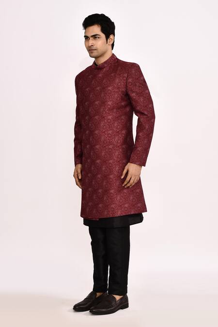 Arihant Rai Sinha_Maroon Silk Printed Blend Sherwani _Online_at_Aza_Fashions