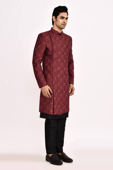Buy_Arihant Rai Sinha_Maroon Silk Printed Blend Sherwani _Online_at_Aza_Fashions
