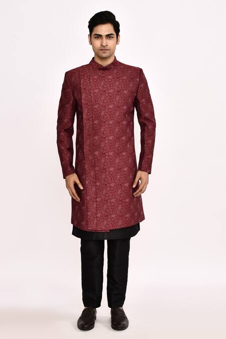 Shop_Arihant Rai Sinha_Maroon Silk Printed Blend Sherwani _Online_at_Aza_Fashions