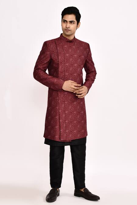 Arihant Rai Sinha_Maroon Silk Printed Blend Sherwani _at_Aza_Fashions