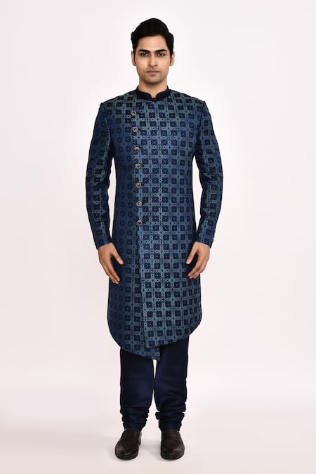 Buy_Arihant Rai Sinha_Navy Silk Embroidery Blue Blend Sherwani _Online_at_Aza_Fashions