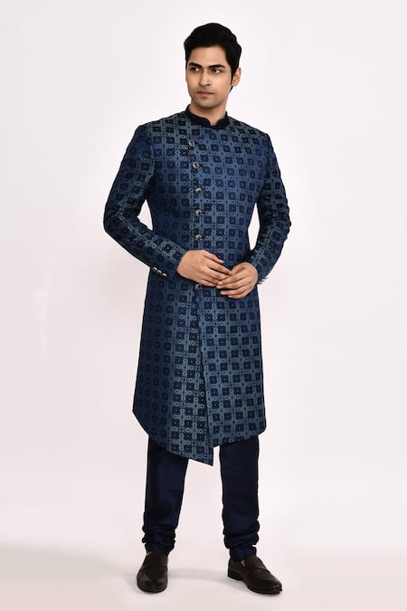 Shop_Arihant Rai Sinha_Navy Silk Embroidery Blue Blend Sherwani _Online_at_Aza_Fashions