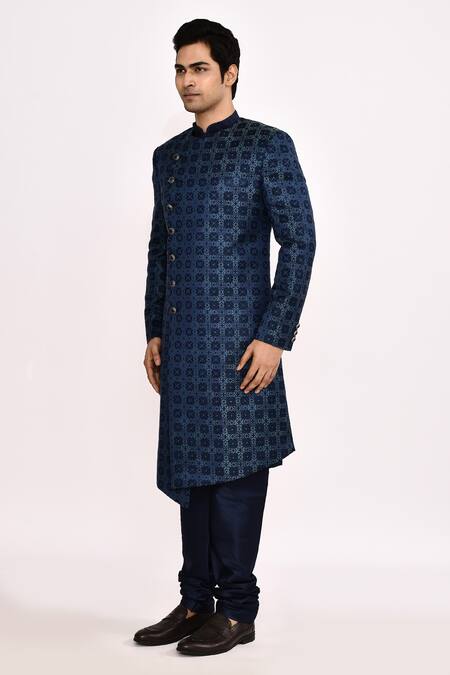 Arihant Rai Sinha_Navy Silk Embroidery Blue Blend Sherwani _at_Aza_Fashions