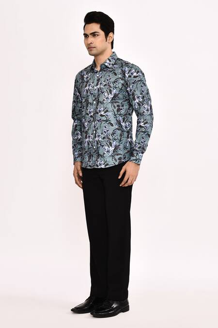 Aryavir Malhotra_Gray Cotton Floral Printed Casual Shirt _Online_at_Aza_Fashions