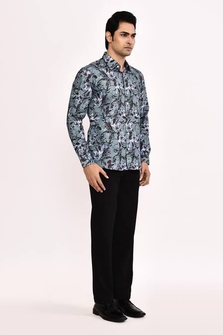 Buy_Aryavir Malhotra_Gray Cotton Floral Printed Casual Shirt _Online_at_Aza_Fashions
