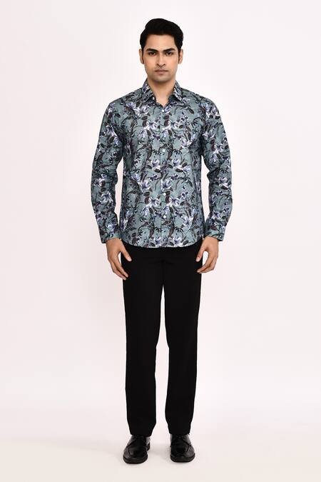Shop_Aryavir Malhotra_Gray Cotton Floral Printed Casual Shirt _Online_at_Aza_Fashions