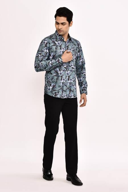 Aryavir Malhotra_Gray Cotton Floral Printed Casual Shirt _at_Aza_Fashions