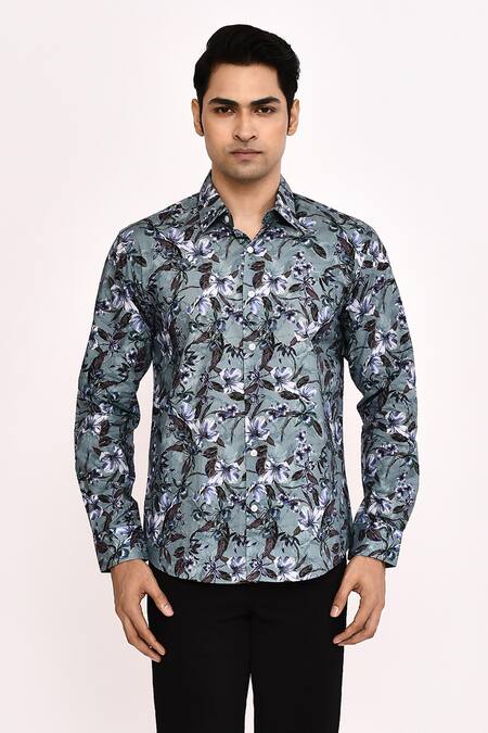 Buy_Aryavir Malhotra_Gray Cotton Floral Printed Casual Shirt 