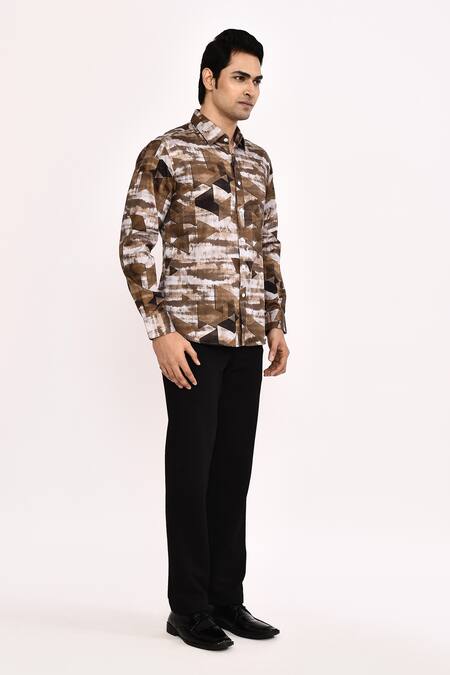 Buy_Aryavir Malhotra_Brown Cotton Printed Casual Shirt _Online_at_Aza_Fashions