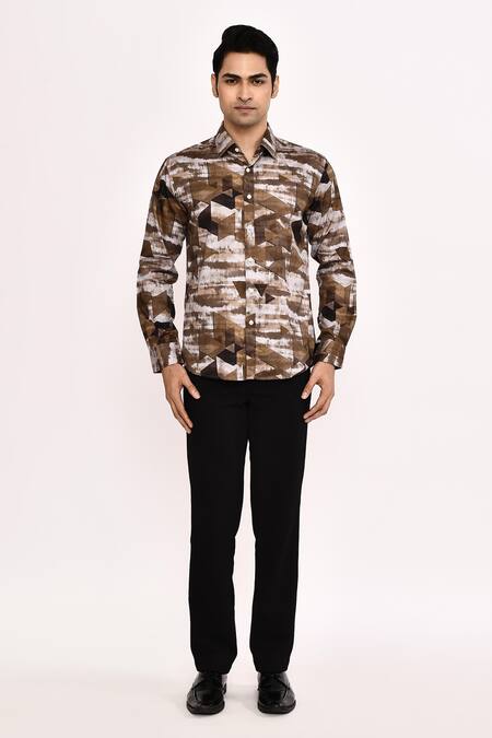 Shop_Aryavir Malhotra_Brown Cotton Printed Casual Shirt _Online_at_Aza_Fashions